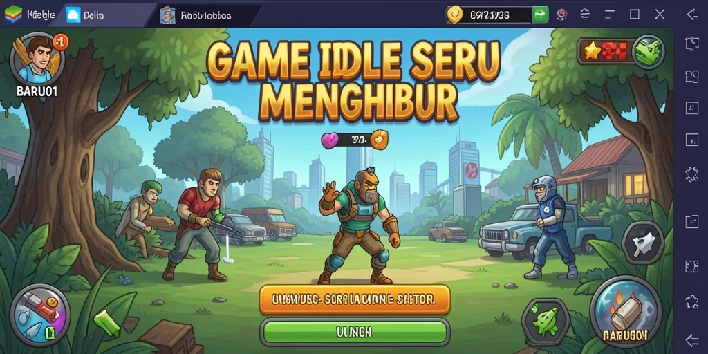 Tampilan utama gameplay BARU01 menunjukkan karakter yang bekerja dan menghasilkan sumber daya.