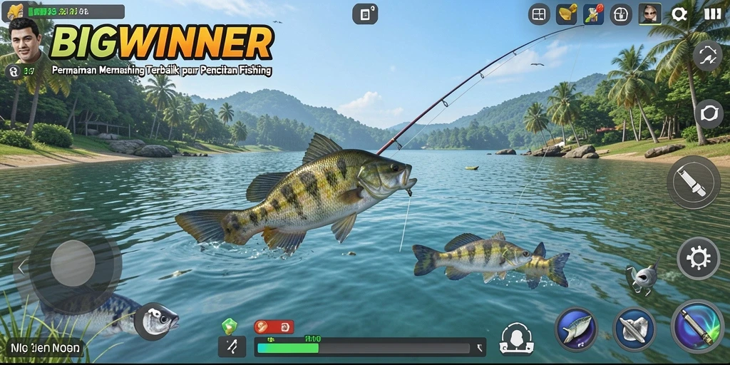 Screenshot gameplay BIGWINNER menampilkan momen menangkap ikan yang mendebarkan.