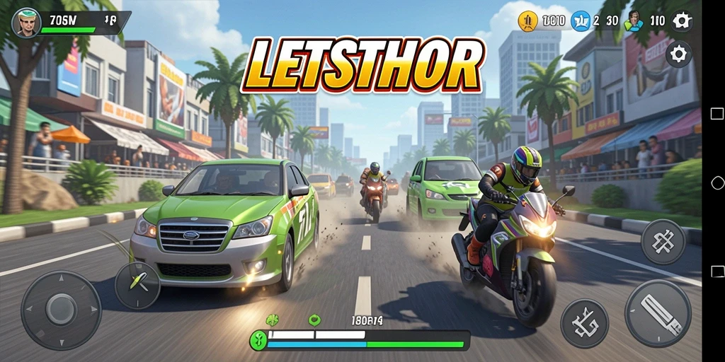 Screenshot LETSTHOR menampilkan aksi balapan yang mendebarkan.